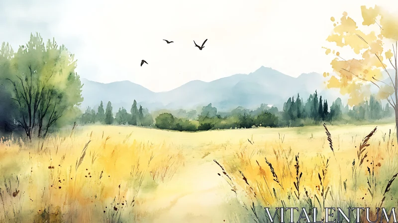 AI ART Painted Field Scenery with Birds