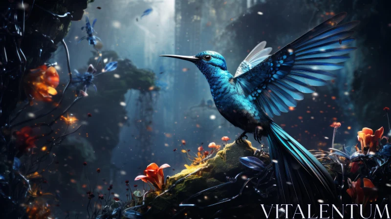 Azure Bird in Mysterious Forest - A Lively Illustration AI Image