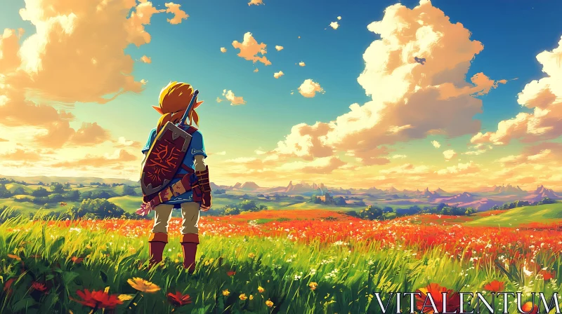 Field of Flowers and Distant Lands AI Image