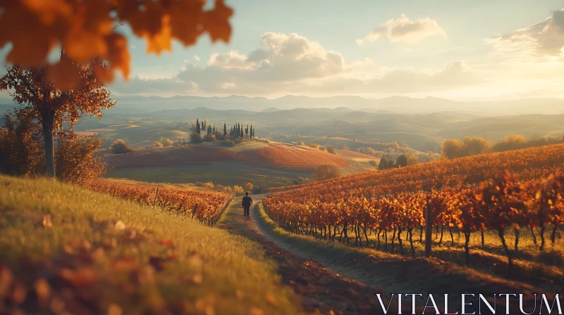 Golden Vineyard Landscape at Sunset AI Image