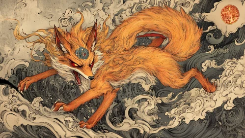 Mythical Fox Creature in Ukiyo-e Style