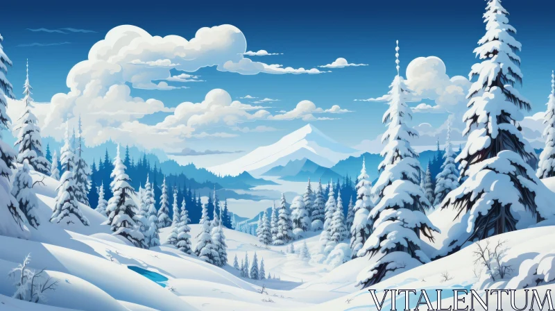 Captivating Cartoon Winter Landscape: Snowy Hills and Lush Trees AI Image