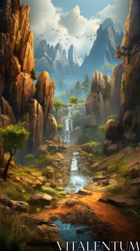 Captivating Fantasy Landscape Wallpaper with Mountainous Vistas AI Image