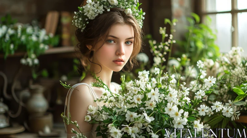 Captivating Portrait of a Woman with Flowers AI Image