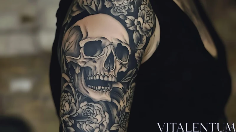 Intricate Skull and Flower Tattoo on Arm AI Image