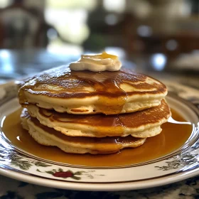 Golden Pancakes Topped with Syrup and Cream