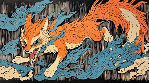 Stylized Fox in Flight with Blue Flames