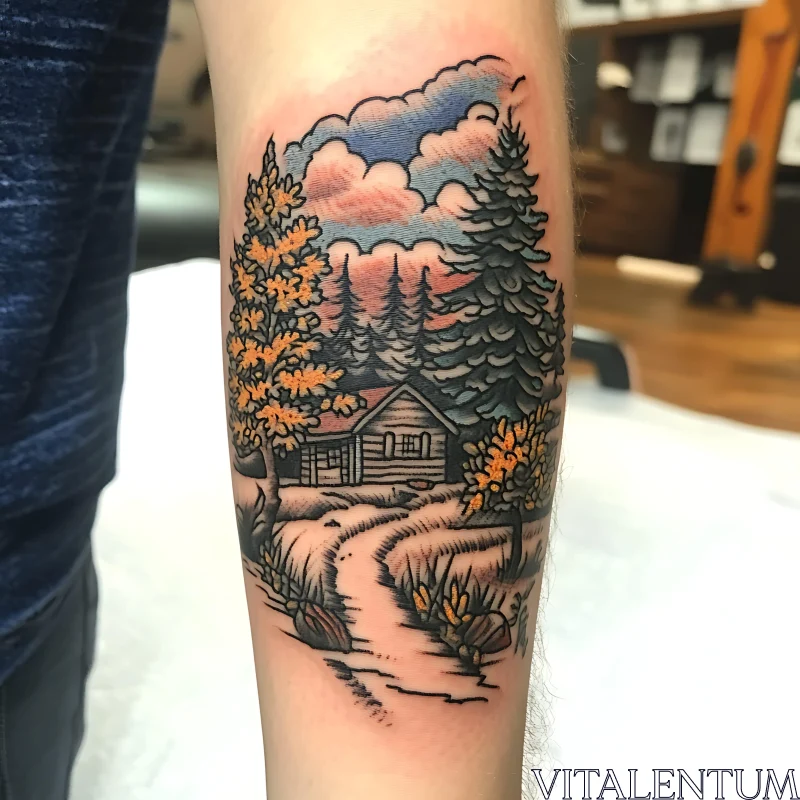 Rustic Forest Cabin Tattoo Artwork AI Image