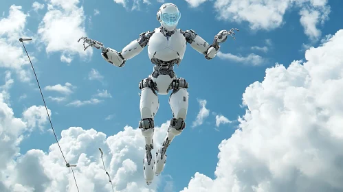 White Robot Floating Amidst Clouds