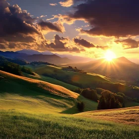 Picturesque Sunset Landscape with Rolling Hills