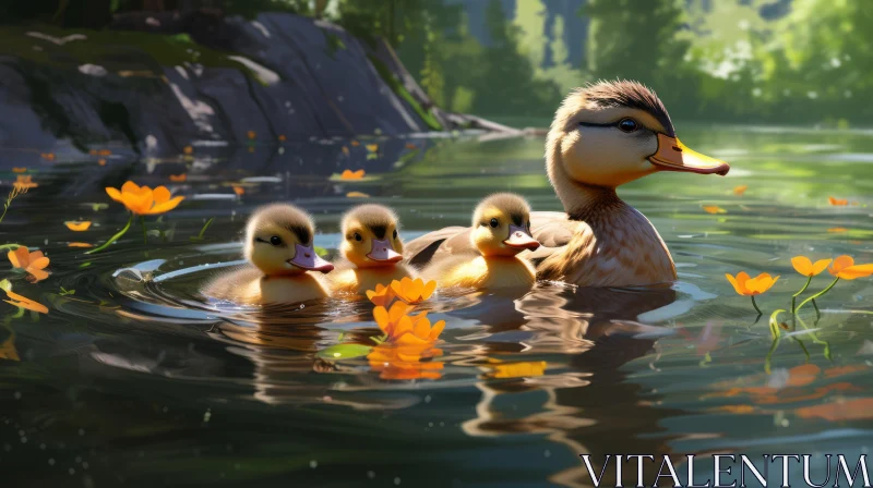 Realistic Nature Illustration of Ducks Swimming in a Lake AI Image