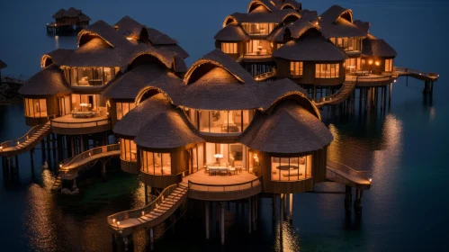 Serene Night Scene of Floating Treehouses with Opulent Architecture