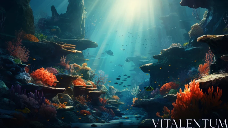 Underwater Marvel: Sunlit Scene with Vibrant Corals and Fishes AI Image