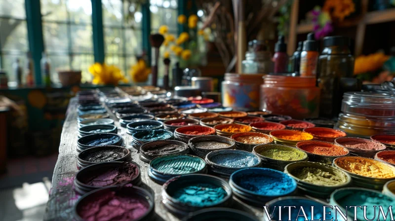 Vibrant Pigments: A Captivating Close-Up of Colorful Jars AI Image