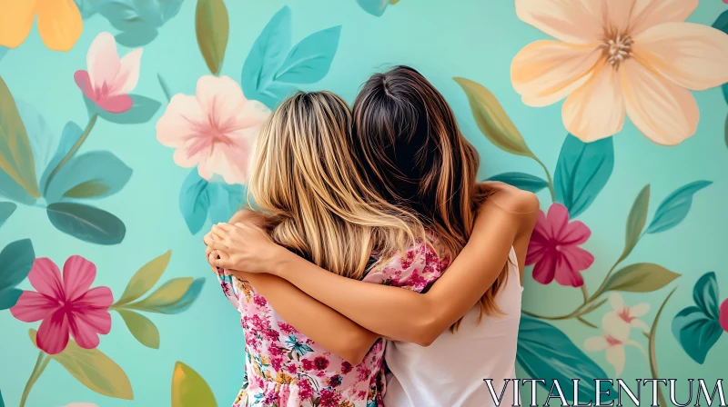 Two Friends Hugging in Front of Floral Wall