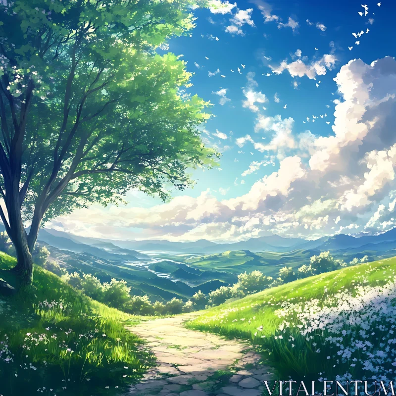 Green Meadow and Cloudy Blue Sky