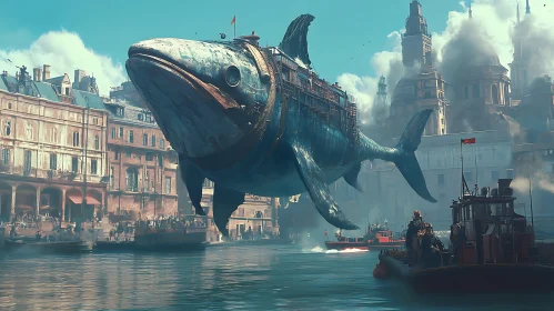 Fantastic Whale Airship in Urban Setting
