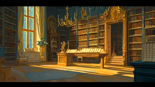 Sunlit Grand Library with Bookshelves