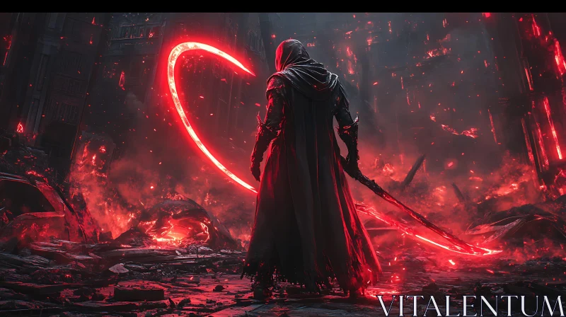 Red Scythe Warrior Amidst Destruction
