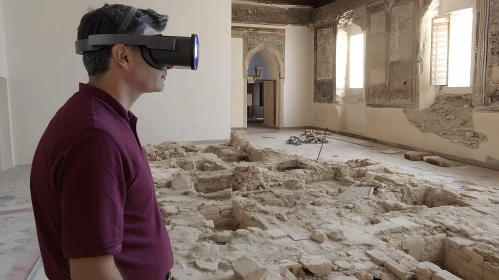 Man Using VR Headset at Archaeological Site