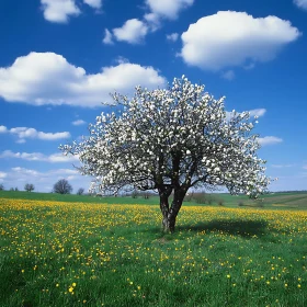 Spring Meadow with Blossoming Tree