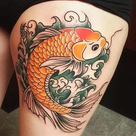 Colorful Koi Fish Tattoo on Thigh with Waves