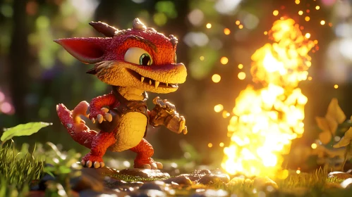 Cartoon Dragon with Fire in Forest