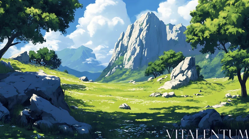Lush Green Meadow and Distant Mountains