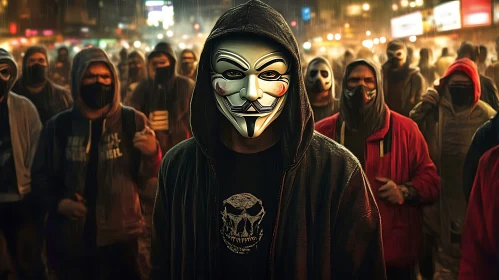 Masked Figure in a Rainy Protest
