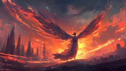 Fiery Angel in Apocalyptic Cityscape