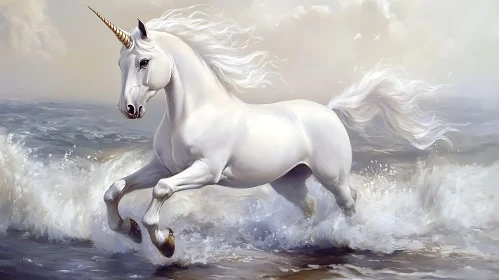 White Unicorn Galloping in the Sea