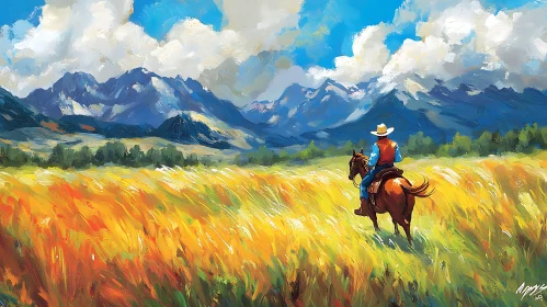 Western Cowboy Riding Horse Painting