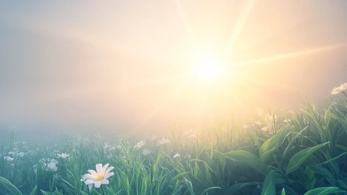 Serene Meadow with Daisies and Sunlight