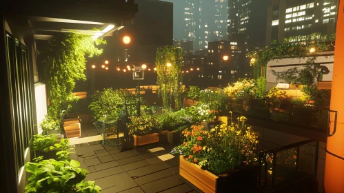 Urban Rooftop Garden at Night