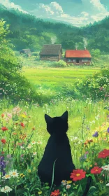 Peaceful Countryside Scene with Black Cat