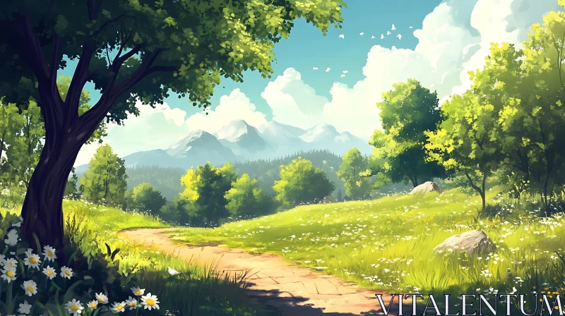 Scenic Meadow Path with Distant Mountains