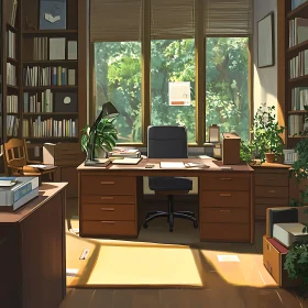Peaceful Office Space with Books and Nature