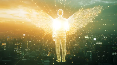 Winged Figure in Digital Metropolis