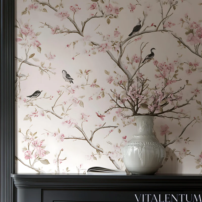 Tranquil Cherry Blossom and Bird Arrangement AI Image