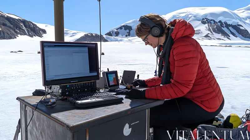 Scientist Working in Antarctic Landscape