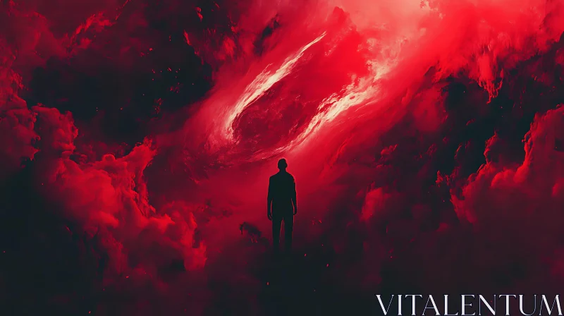 Figure in Red Abstract Cloudscape