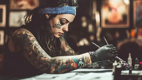 Tattoo Artist Meticulously Working in Studio