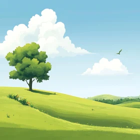 Green Landscape with Tree and Sky