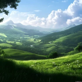 Verdant Hills and Distant Mountains