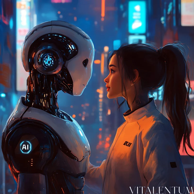 Cyberpunk Interaction with Human and Robot AI Image