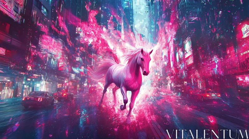 Pink Horse Galloping in Futuristic City