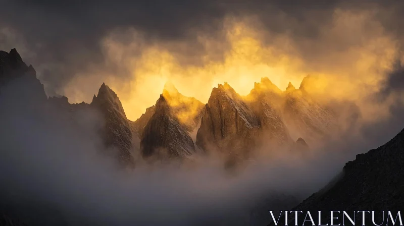 Sunset Over Misty Mountain Peaks AI Image