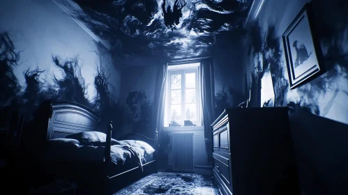 Haunted Interior: A Shadowy Bedroom Scene