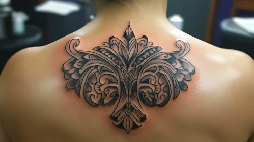 Detailed Black Ink Upper Back Tattoo