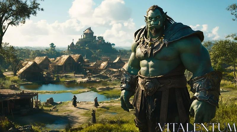 Fantasy Orc Warrior in Village Landscape